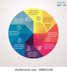 Infographics step by step. Twisted pie chart, graph, diagram with 8 steps, options, parts, processes. Vector business template for presentation and training.