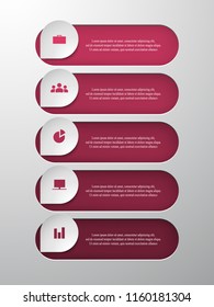 Infographics step by step. Universal abstract element of chart, graph, diagram with 5 steps, options, parts, processes. Red vector business template for presentation and training.