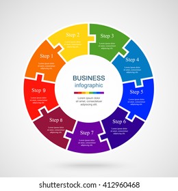 Infographics step by step. Universal abstract element of chart, graph, diagram with 9 steps, options, parts, processes. Vector business template for presentation and training.