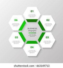 Infographics step by step. Universal abstract element of chart, graph, diagram with 6 steps, options, parts, processes. Green vector business template for presentation and training.