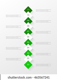 Infographics step by step. Universal abstract element of chart, graph, diagram with 11 steps, options, parts, processes. Green vector business template for presentation and training.