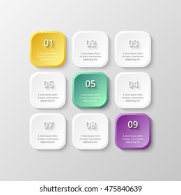 Infographics step by step. Universal abstract element of chart, graph, diagram with 9 steps, options, parts, processes. Vector business template for presentation and training.
