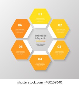 Infographics step by step. Universal abstract element of chart, graph, diagram with 6 steps, options, parts, processes. Yellow vector business template for presentation and training.