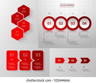 Infographics step by step. Universal abstract elements of chart, graph, diagram with 3 and 4 steps, options, parts, processes. Red vector business template for presentation and training.