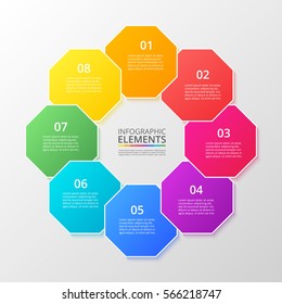 Infographics step by step. Universal abstract elements of chart, graph, diagram with 8 steps, options, parts, processes. Vector business template for presentation and training.