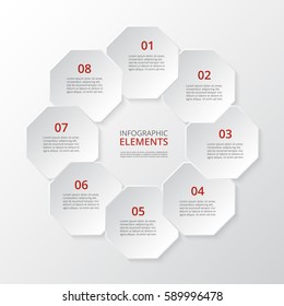 Infographics step by step. Universal abstract element of chart, graph, diagram with 8 steps, options, parts, processes. Vector business template for presentation and training.