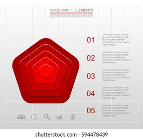 Infographics step by step. Universal abstract element of chart, graph, diagram with 5 steps, options, parts, processes. Red vector business template for presentation and training.
