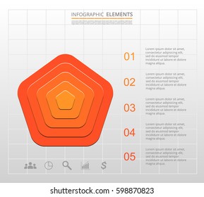 Infographics step by step. Universal abstract element of chart, graph, diagram with 5 steps, options, parts, processes. Orange vector business template for presentation and training.