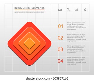 Infographics step by step. Universal abstract element of chart, graph, diagram with 4 steps, options, parts, processes. Orange vector business template for presentation and training.
