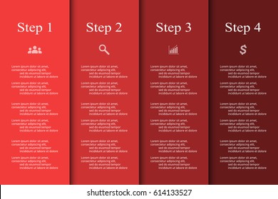 Infographics step by step. Universal abstract element of chart, graph, diagram with 4 steps, options, parts, processes. Red vector business template for presentation and training.