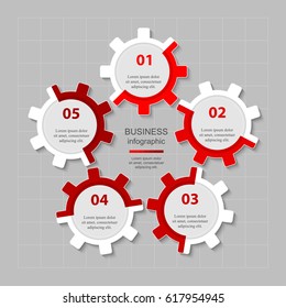 Infographics step by step. Universal abstract element of chart, graph, diagram with 5 steps, options, parts, processes. Red vector business template for presentation and training.