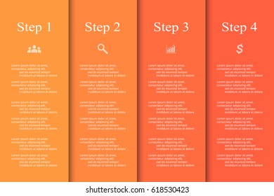 Infographics step by step. Universal abstract element of chart, graph, diagram with 4 steps, options, parts, processes. Orange vector business template for presentation and training.