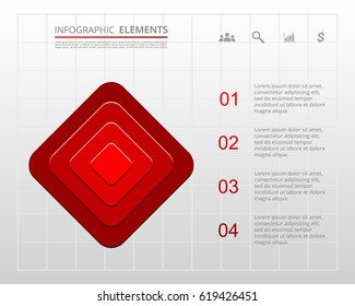 Infographics step by step. Universal abstract element of chart, graph, diagram with 4 steps, options, parts, processes. Red vector business template for presentation and training.