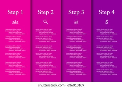 Infographics step by step. Universal abstract element of chart, graph, diagram with 4 steps, options, parts, processes. Lilac vector business template for presentation and training.
