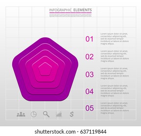 Infographics step by step. Universal abstract element of chart, graph, diagram with 5 steps, options, parts, processes. Lilac vector business template for presentation and training.