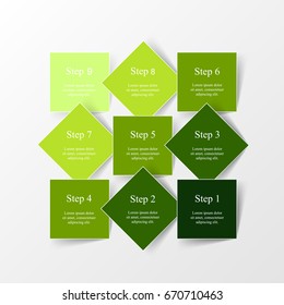 Infographics step by step. Universal abstract element of chart, graph, diagram with 9 steps, options, parts, processes. Green vector business template for presentation and training.