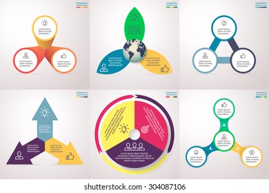 Infographics step by step in various forms. Set of charts, graphs, diagrams with 3 options, parts, processes, directions. Vector template for presentation and training.