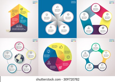 Infographics step by step in various forms. Set 2. Charts, graphs, diagrams with 5 steps, options, parts, processes, directions. Vector template for presentation and training.