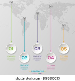 Infographics step in a series of rounded on a map background. Element of chart, graph, diagram with 5 options, parts, processes. Vector business template for presentation.