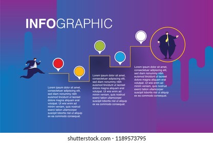 Infographics of steps elements with businessman character for presentation and process chart Vector illustration