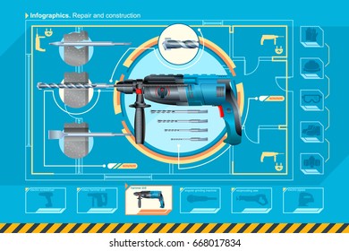 Infographics stock vector illustration on a theme of repair and construction with the use of electric hand tools