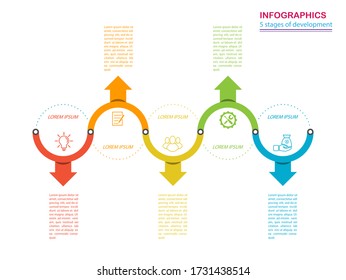 Infografía. Plantilla vectorial de 5 etapas. Para el diseño de páginas web, gráficos, planes de negocio y finanzas, informes y ayuda visual. Diseño plano.