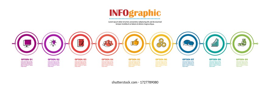 Infographics. Stock vector template of nine stages. For web page design, charts, graphs, business plan and Finance, reporting and visual aid. Flat design.

