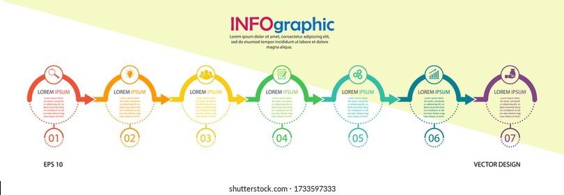 Infografía. Plantilla vectorial de siete etapas. Para el diseño de páginas web, gráficos, planes de negocio y finanzas, informes y ayuda visual. Diseño plano.