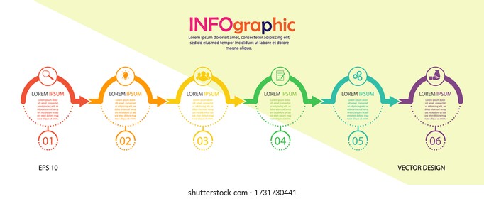 Infographics. Stock vector template of six stages. For web page design, charts, graphs, business plan and Finance, reporting and visual aid. Flat design.