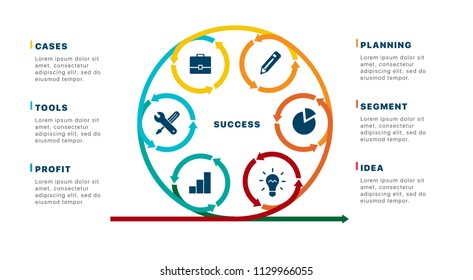 Infographics of success. Template business infographics with six steps to success. Business startup concept. Can be used for workflow layout, diagram, business step options, banner, web design. Vector