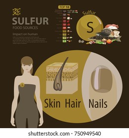 Infographics. Sulfur. Food sources and influence on human health.