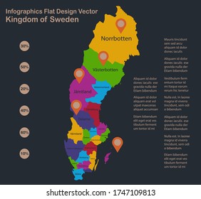 Infografiken Schweden Karte, flache Designfarben, Namen der einzelnen Verwaltungsabteilungen, blauer Hintergrund mit orangefarbenem Vektorvektor