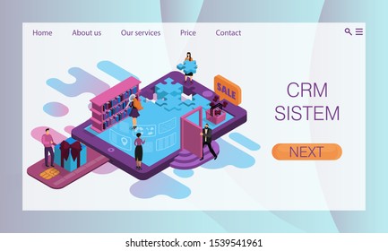 Infographics of system of interaction with client, CRM, for the site, web app: discounts, sale, gifts, payment, personal account, information, search. Website concept, landing page design template