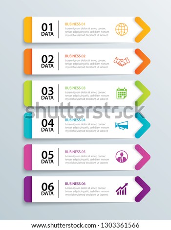 Infographics tab in horizontal paper arrow with 6 data template. Vector illustration abstract notebook background. Can be used for workflow layout, business step, banner, web design.