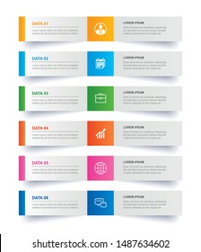 Infographics tab in horizontal paper index with 6 data template. Vector illustration abstract background. Can be used for workflow layout, business step, banner, web design.