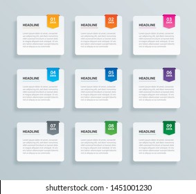 Infographics tab paper index with 9 data template. Vector illustration abstract background. Can be used for workflow layout, business step, banner, web design.