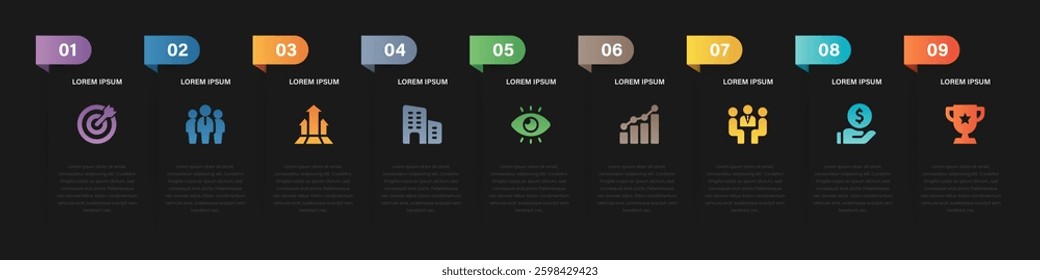 Infographics tab paper index template. Vector illustration abstract background. 5 Business step, banner, web design. Business infographic template. 9 Step timeline journey. 3 Step Infographic