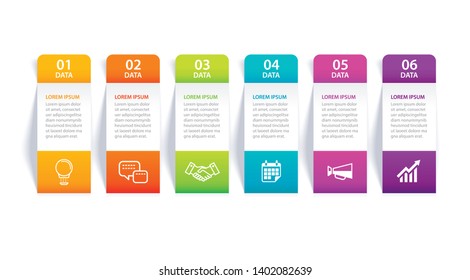 Infographics tab in vertical paper index with 6 data template. Vector illustration abstract background. Can be used for workflow layout, business step, banner, web design.