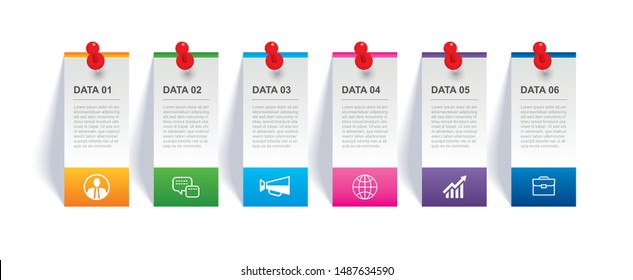 Infographics tab in vertical paper index and pin with 6 data template. Vector illustration abstract background. Can be used for workflow layout, business step, banner, web design.