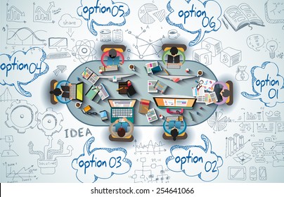 Infographics Teamwork With Business Doodles Sketch Background: Infographics Vector Elements Isolated, . It Includes Lots Of Icons, Graphs, Stats, Devices,laptops, Clouds, Concepts And So On.