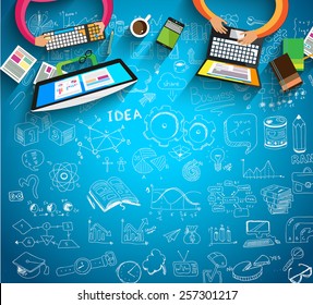 Infographics Teamwork With Business Doodles Sketch Background: Infographics Vector Elements Isolated, . It Include Lots Of Icons Included Graphs, Stats, Devices,laptops, Clouds, Concepts And So On.