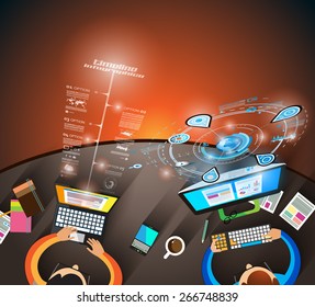 Infographics Teamwork with Business doodles Sketch background: infographics vector elements isolated, . It include lots of icons included graphs, stats, devices,laptops, clouds, concepts and so on.