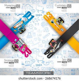 Infographics Teamwork with Business doodles Sketch background: infographics vector elements isolated, . It include lots of icons included graphs, stats, devices,laptops, clouds, concepts and so on.