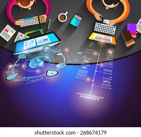 Infographics Teamwork with Business doodles Sketch background: infographics vector elements isolated, . It include lots of icons included graphs, stats, devices,laptops, clouds, concepts and so on.