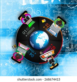 Infographics Teamwork with Business doodles Sketch background: infographics vector elements isolated, . It include lots of icons included graphs, stats, devices,laptops, clouds, concepts and so on.