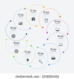 Infographics template 10 options with circle. Data and information visualization. Dynamic infographics stylish geometric. element for design business invitations, gift cards, flyers and brochures