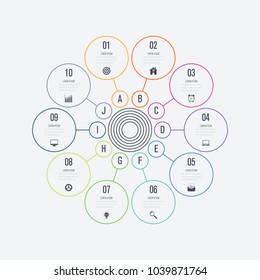 Infographics template 10 options with circle. Data and information visualization. Dynamic infographics stylish geometric. element for design business invitations, gift cards, flyers and brochures