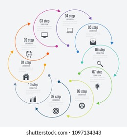 Infographics template 10 options with circle. Data and information visualization. Dynamic infographics stylish geometric. element for design business invitations, gift cards, flyers and brochures
