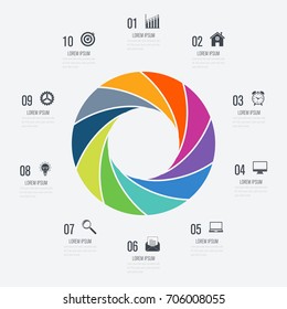 Infographics template 10 options with circle. Data and information visualization. Dynamic infographics stylish geometric. element for design business invitations, gift cards, flyers and brochures