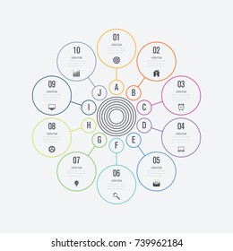 Infographics template 10 options with circle. Data and information visualization. Dynamic infographics stylish geometric. element for design business invitations, gift cards, flyers and brochures